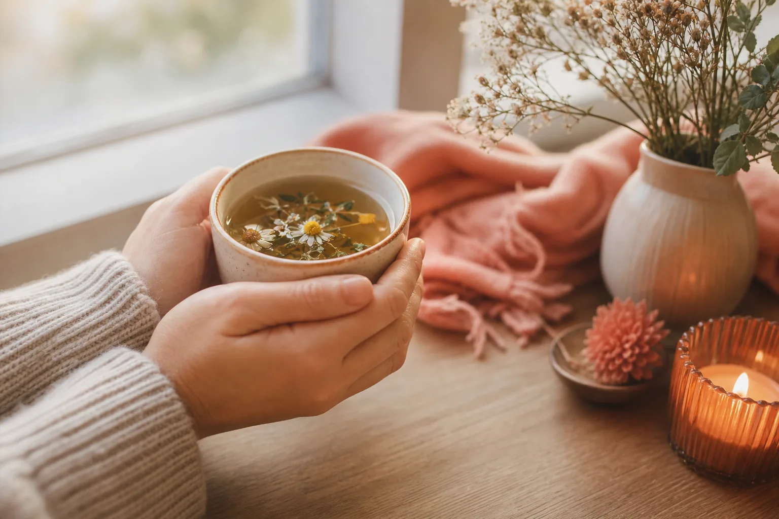 반복유산 후 마음을 다독이는 따뜻한 차를 감싼 두 손을 담은 차분한 정물 이미지