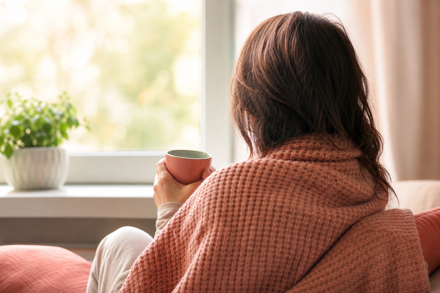 반복유산과 항인지질항체증후군을 다룬 칼럼의, 창가에서 따뜻한 차를 든 여성의 뒷모습을 담은 차분한 이미지