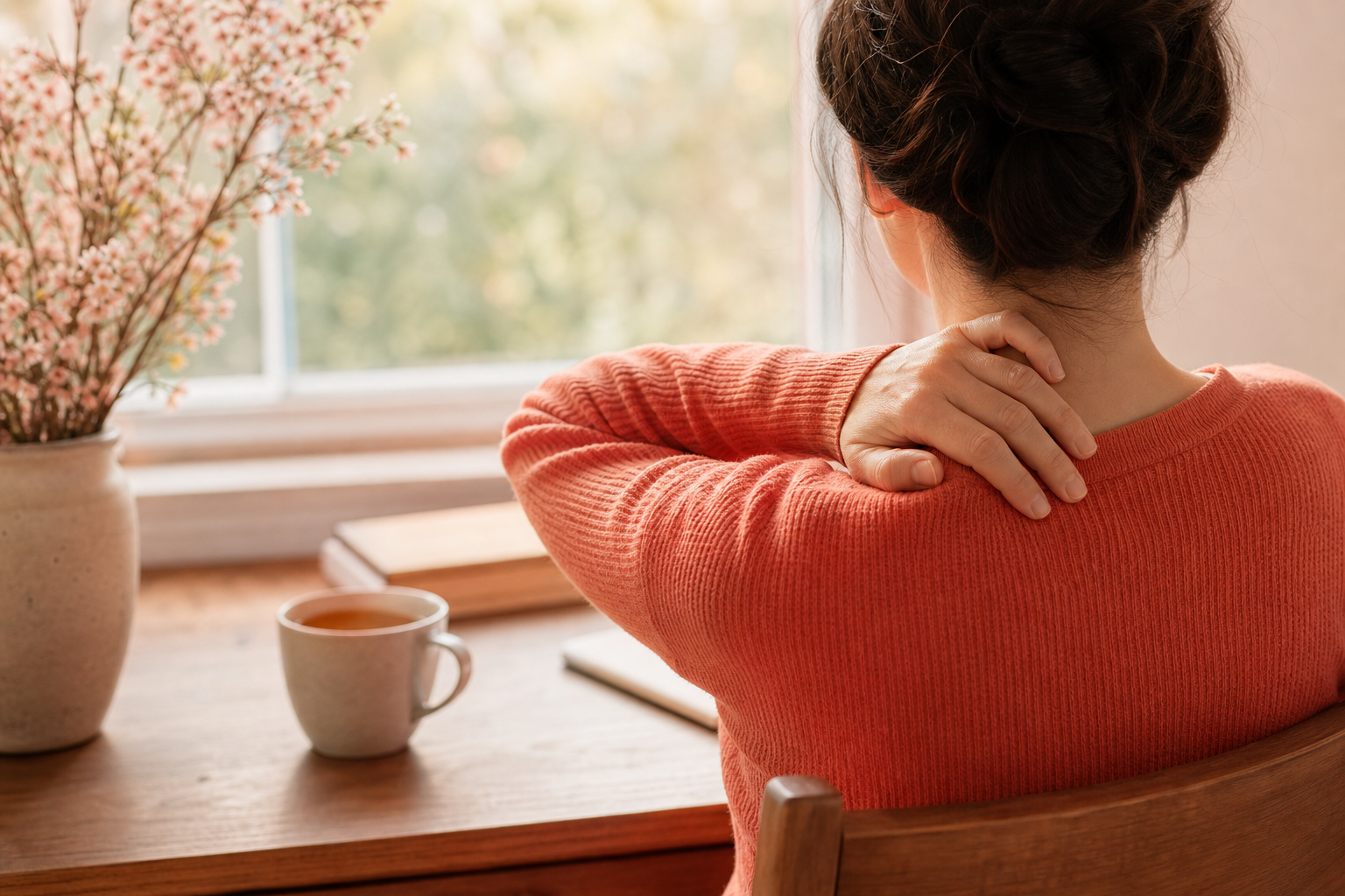 경추성 두통을 다룬 칼럼의, 창가 책상에서 뒷목과 어깨를 가만히 짚는 사람의 뒷모습 이미지