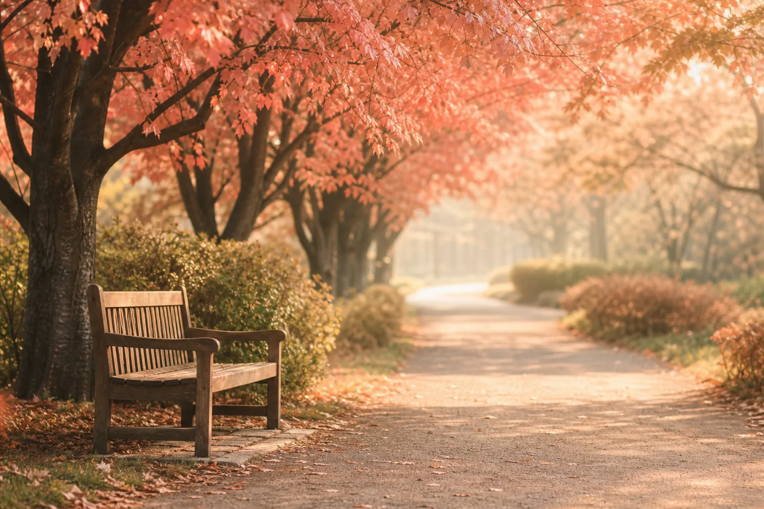 만성피로증후군 회복을 위한 가벼운 걷기를 상징하는, 조용한 산책로의 부드러운 아침 햇살을 담은 정경 이미지