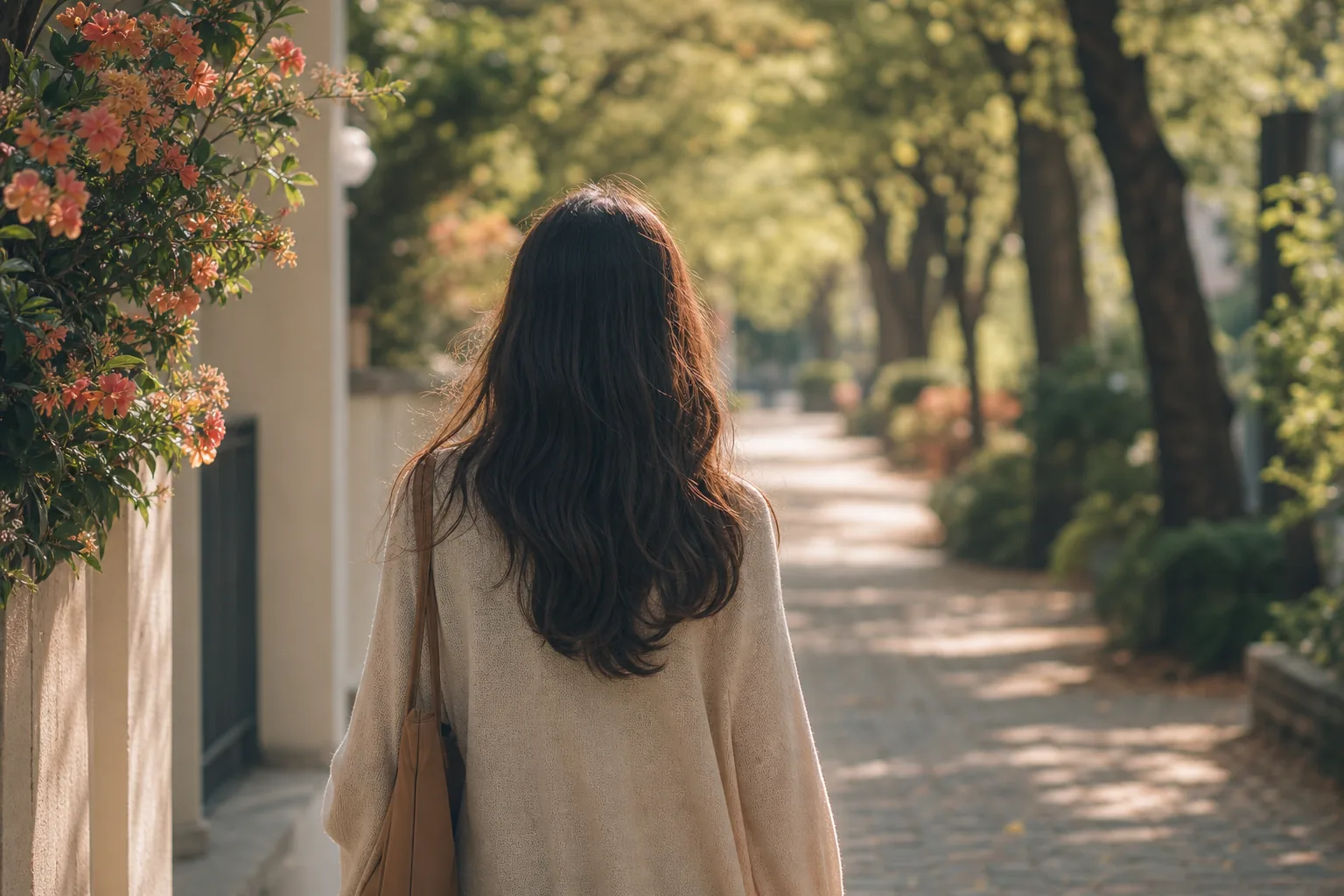 만성 골반통을 관리하며 산책하는 여성의 뒷모습을 담은 잔잔한 오후 산책 이미지