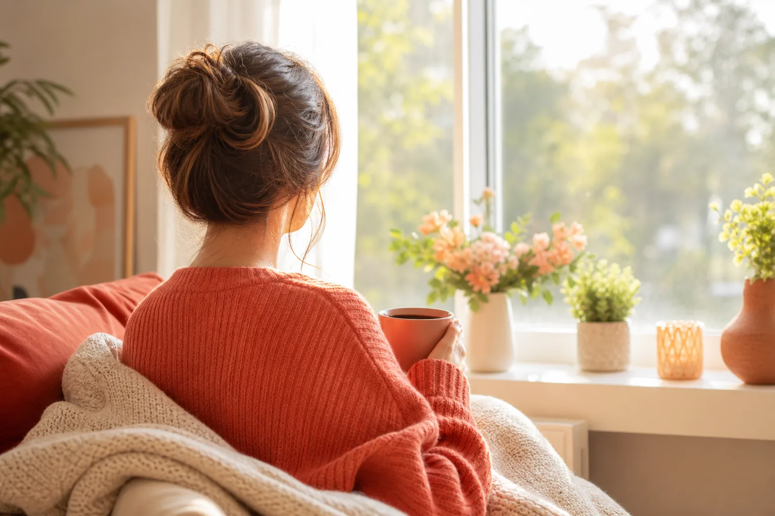 일주기리듬 수면장애의 광치료를 상징하는, 아침 창가에서 밝은 빛을 쬐며 앉은 여성의 뒷모습 이미지