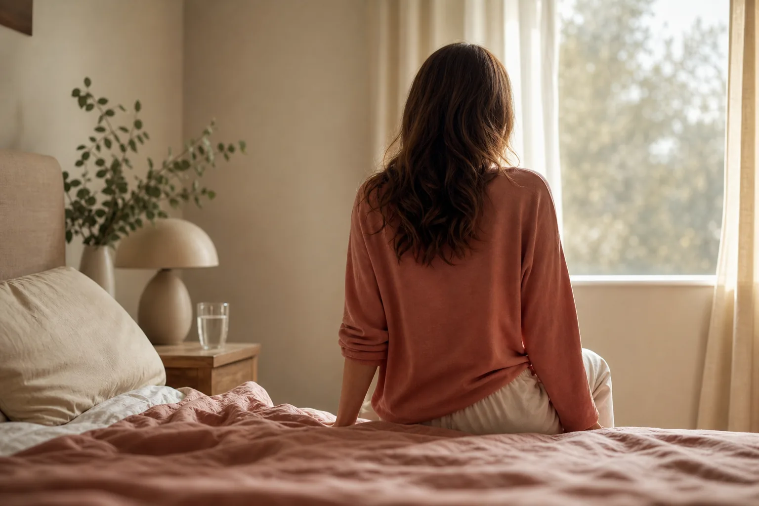 어지럼증으로 아침에 천천히 일어나 앉아 숨을 고르는 여성의 뒷모습을 담은 차분한 이미지