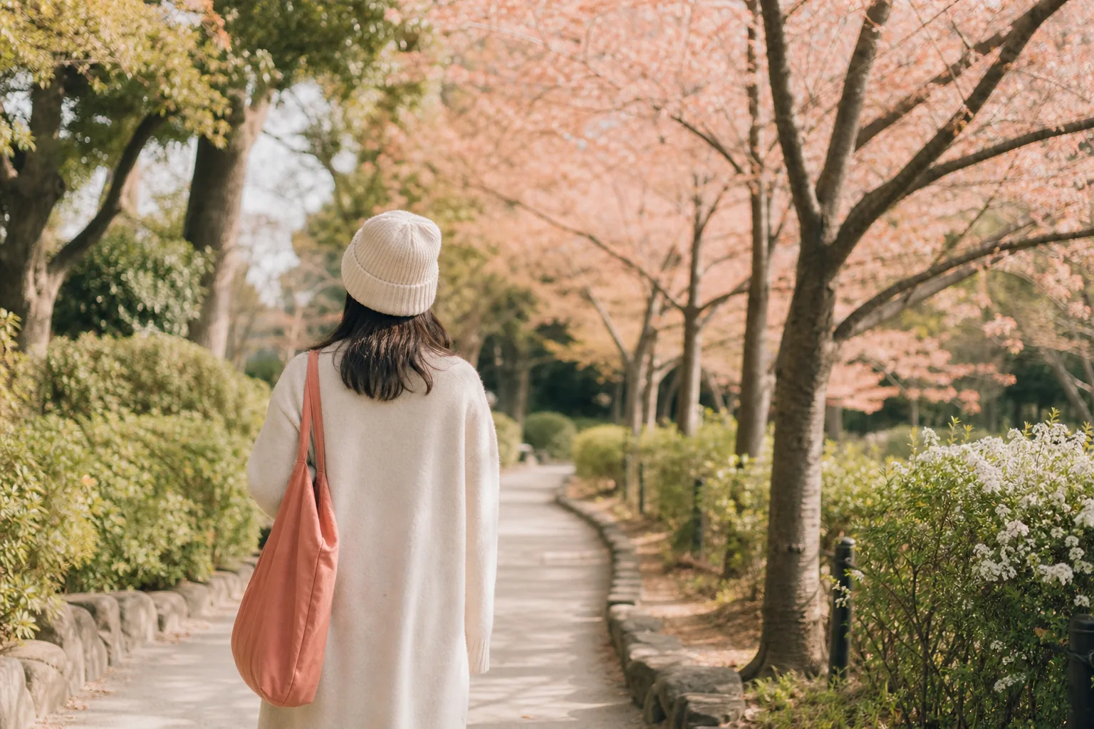 어지럼증 회복기에 천천히 산책하는 사람의 뒷모습과 잔잔한 공원 풍경을 담은 정물 같은 이미지
