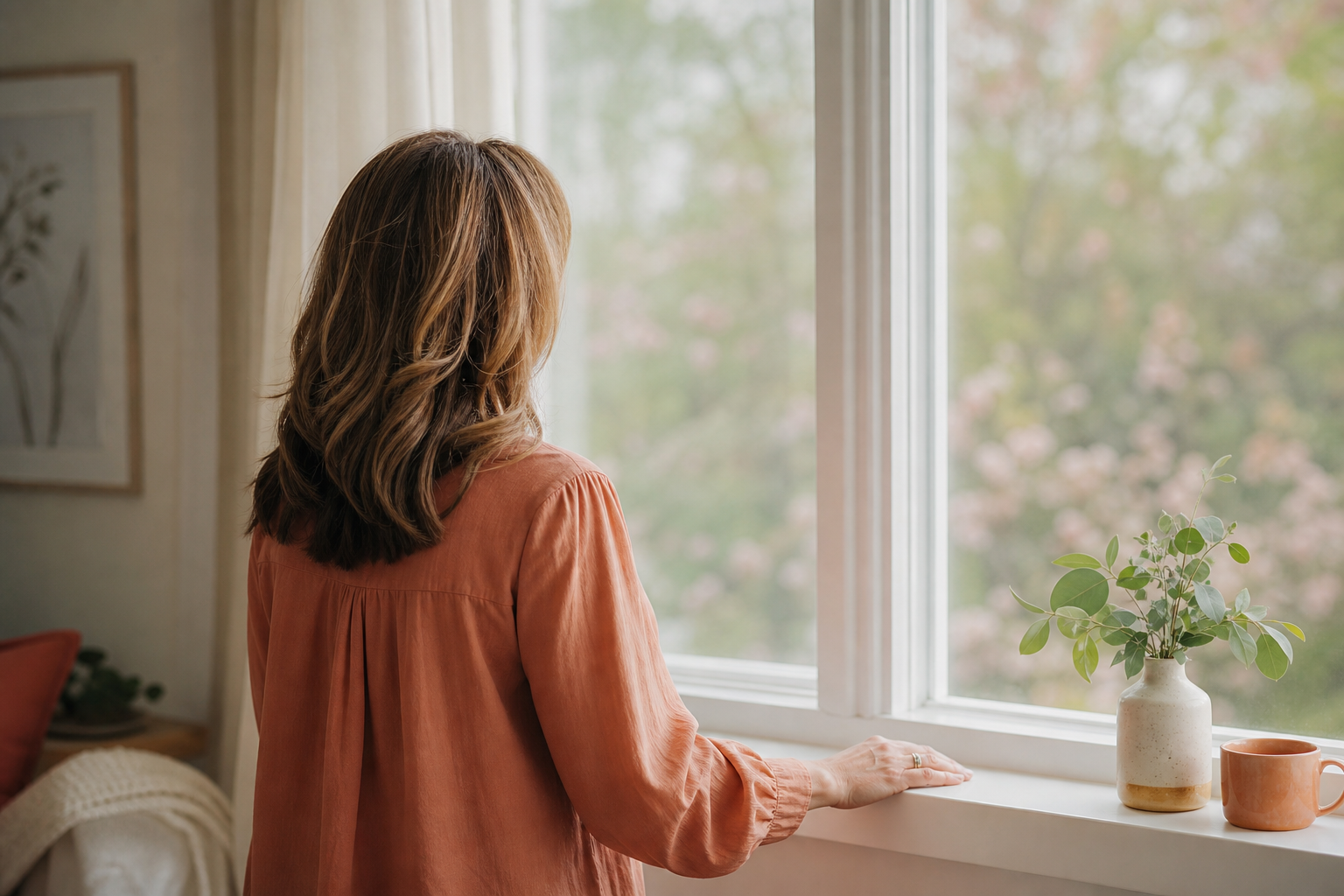자궁내막 폴립(자궁내막 용종)과 부정출혈을 다룬 칼럼의, 창가에 선 여성의 뒷모습 이미지
