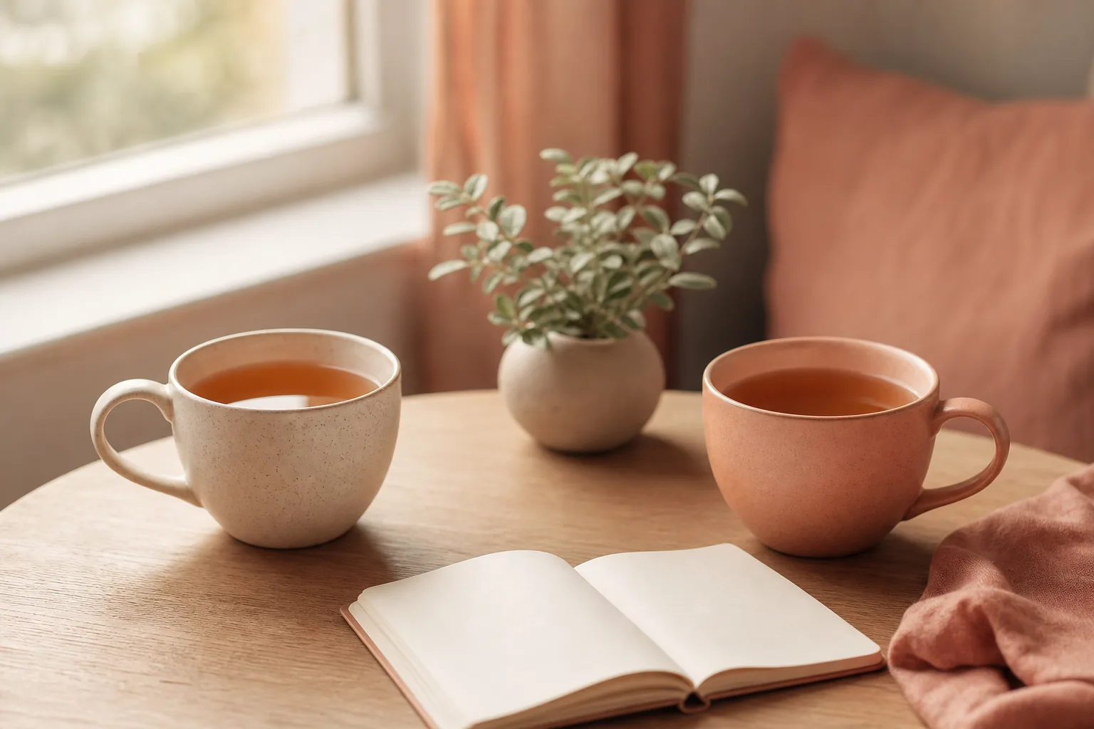 난임 부부 대화를 다룬 칼럼의, 마주 놓인 따뜻한 찻잔 둘과 노트, 작은 식물을 둔 차분한 책상 정물 이미지