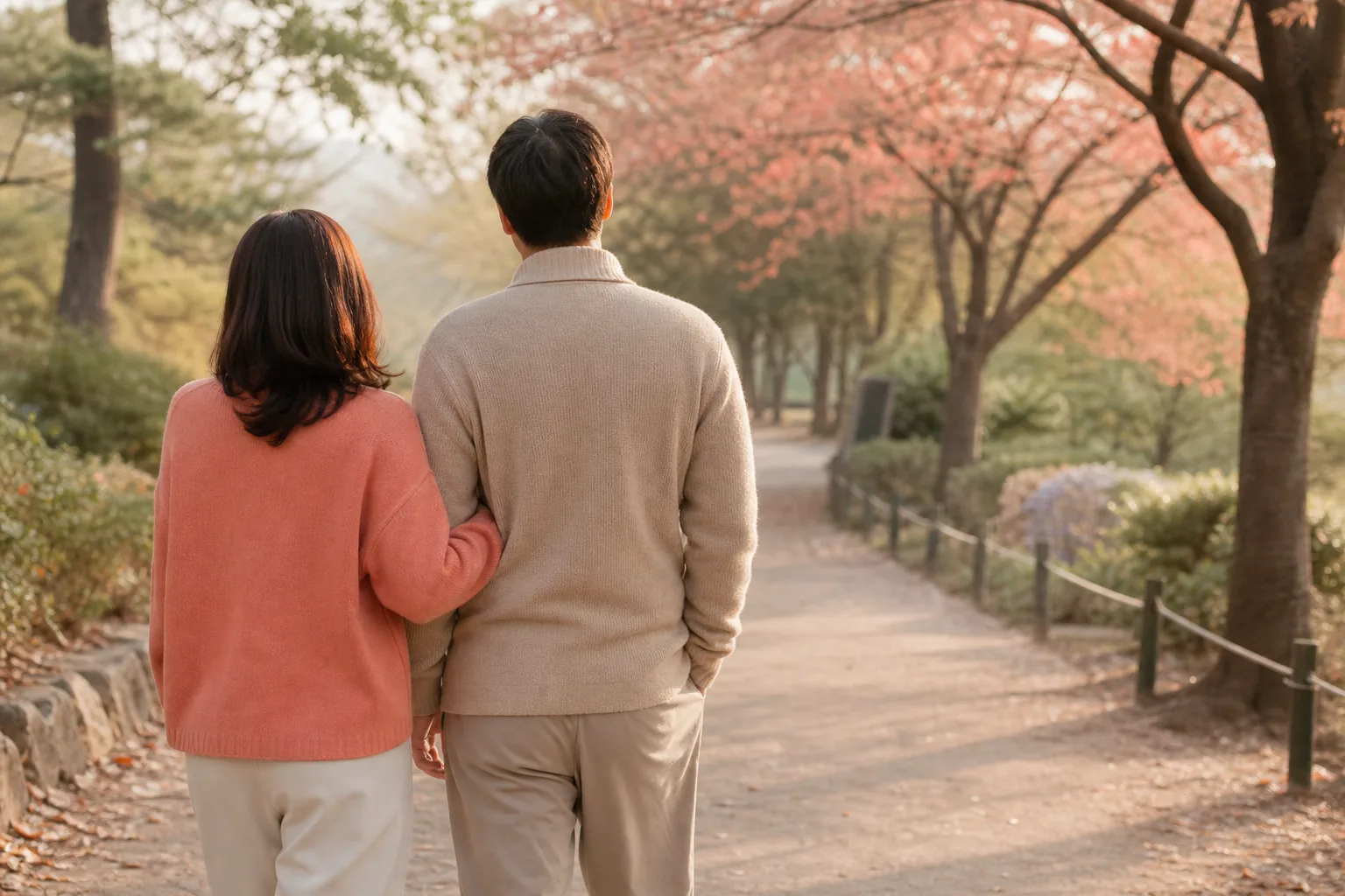 난임 스트레스 관리를 위한 잔잔한 산책을 상징하는, 아침 공원 길을 걷는 부부의 뒷모습 이미지