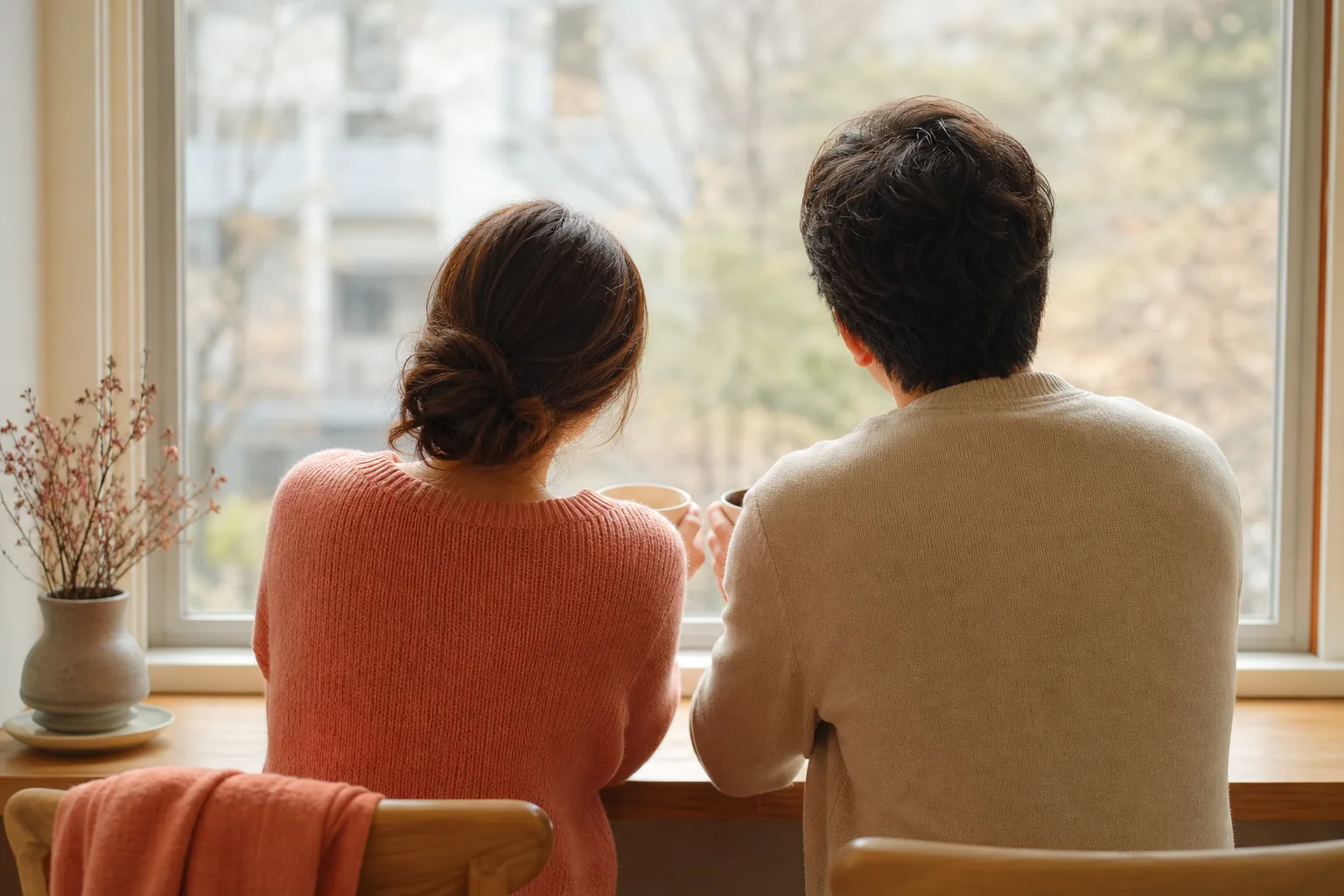 시험관 전 몸 준비 기간 동안 창가에서 차분히 계획을 세우는 부부의 뒷모습을 담은 따뜻한 이미지
