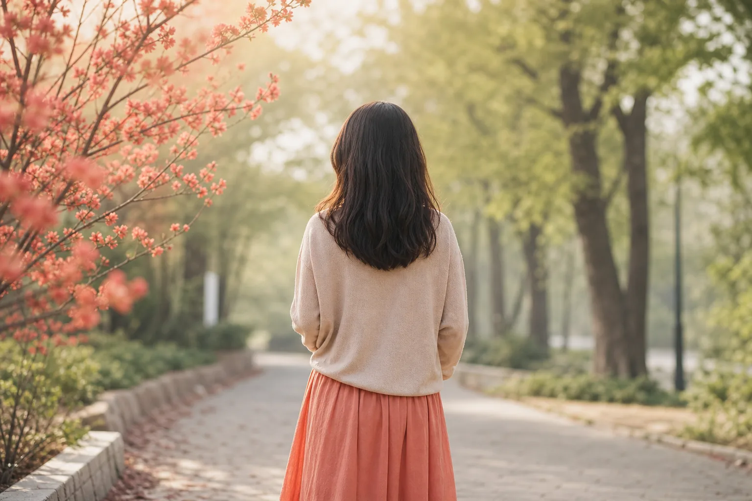 범불안장애 관리를 위한 규칙적인 산책과 이완을 상징하는, 아침 공원 길을 걷는 여성의 뒷모습 이미지