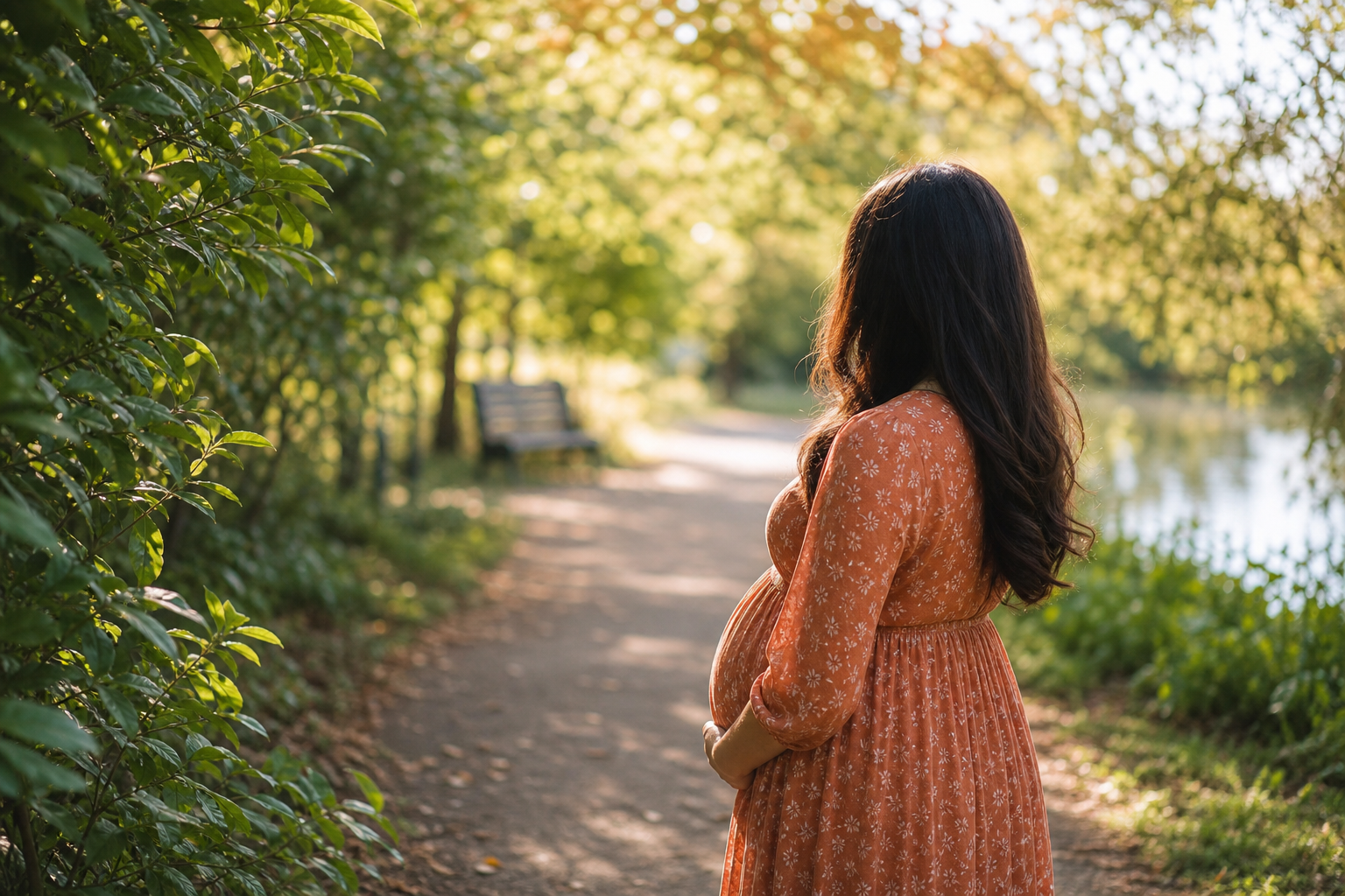 임신성 당뇨를 다룬 칼럼의, 배에 손을 얹고 산책하는 임산부의 뒷모습과 창가 햇살 이미지