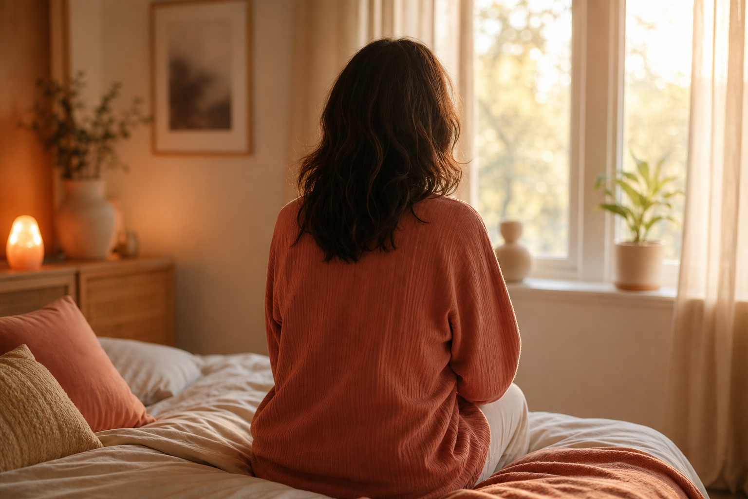 불면 유형 자가 점검을 다룬 칼럼의, 새벽 침대에 앉아 조용히 잠을 살피는 여성의 뒷모습 이미지