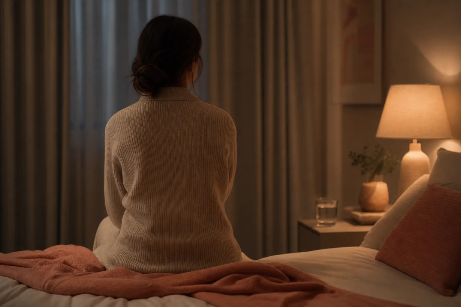 편두통 발작 때 어두운 방에서 조용히 쉬는 것을 상징하는, 커튼 친 방 침대에 앉은 여성의 뒷모습 이미지