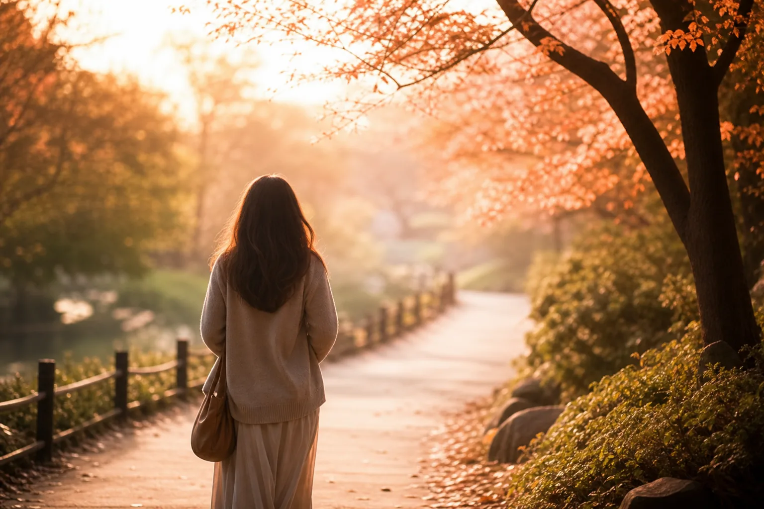 유산 후 회복 과정을 다룬 칼럼의, 부드러운 오후 햇살 속 나무 길을 걷는 여성의 뒷모습 이미지