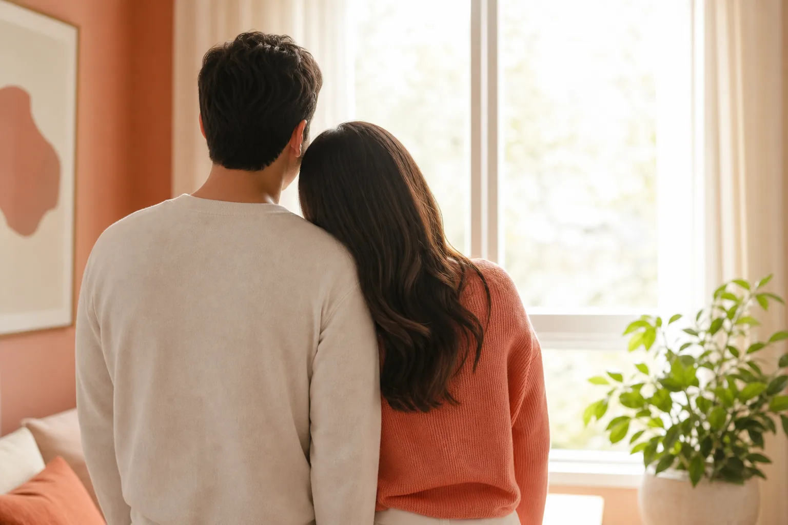 유산 후 다음 임신을 함께 준비하는 부부가 창가에서 나란히 선 뒷모습을 담은 차분한 이미지