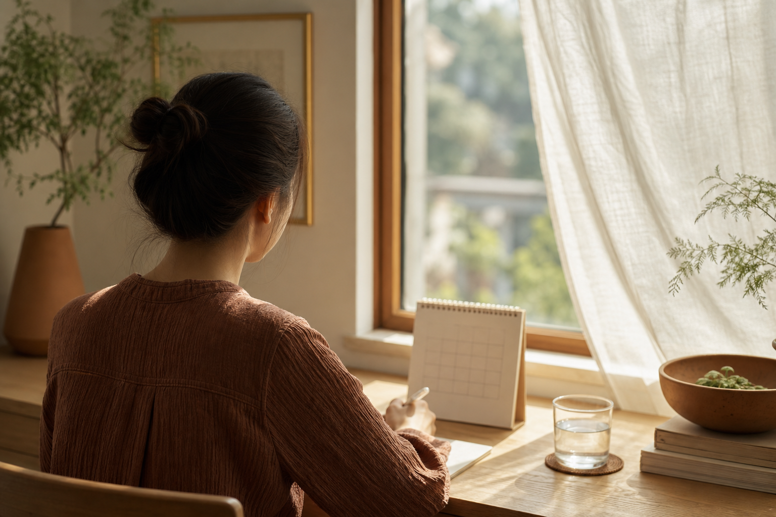 경구피임약의 시작과 중단을 다룬 칼럼의, 창가 책상에 앉아 달력을 보는 여성의 뒷모습 이미지