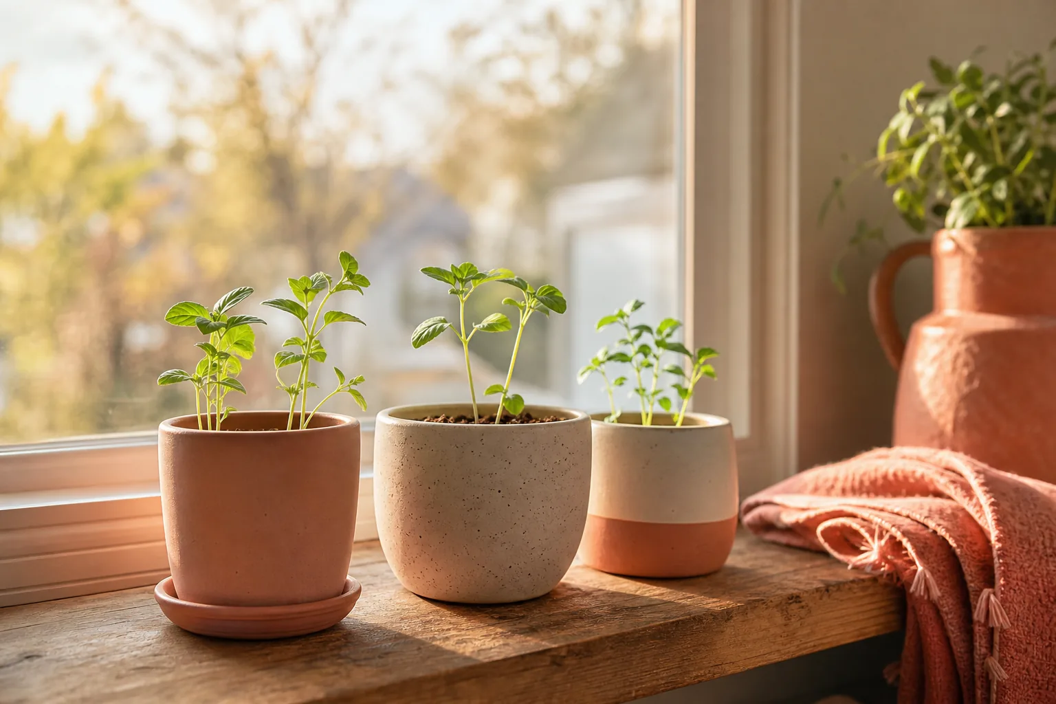 난소기능 저하 후에도 임신을 준비하는 마음을 담은, 창가 햇살 아래 여린 새싹 화분 정물 이미지
