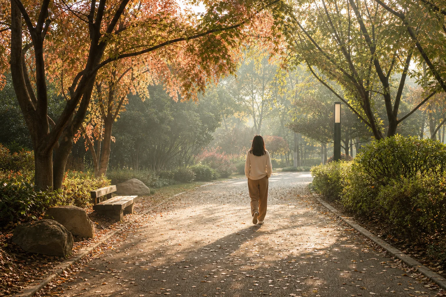 두근거림 관리를 위한 가벼운 산책을 상징하는 아침 공원 길과 부드러운 햇살을 담은 풍경 이미지