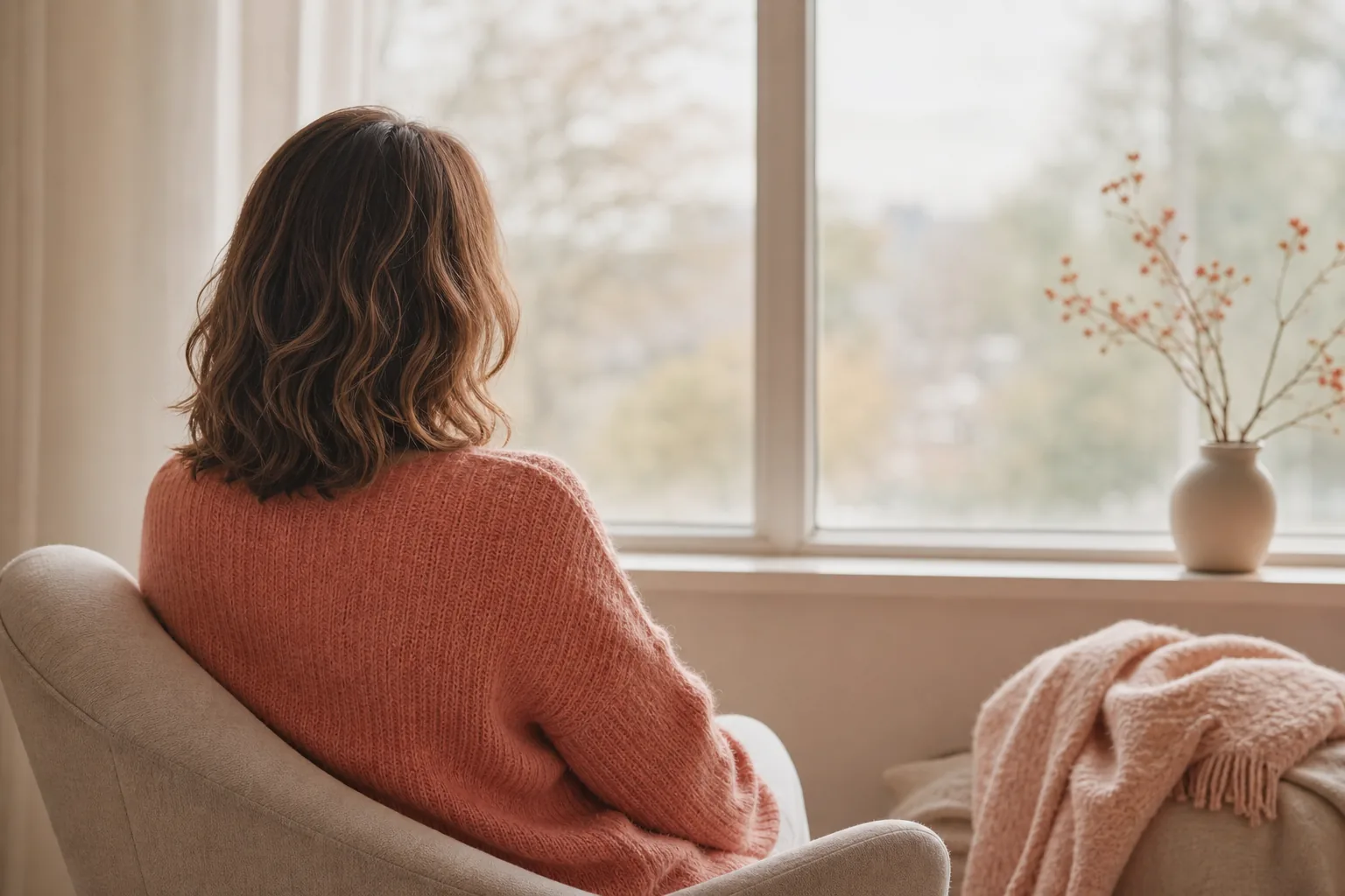 공황 증상을 다스릴 때 도움이 되는 느린 호흡을 상징하는, 조용한 방에서 창밖을 보며 앉은 여성의 뒷모습 이미지