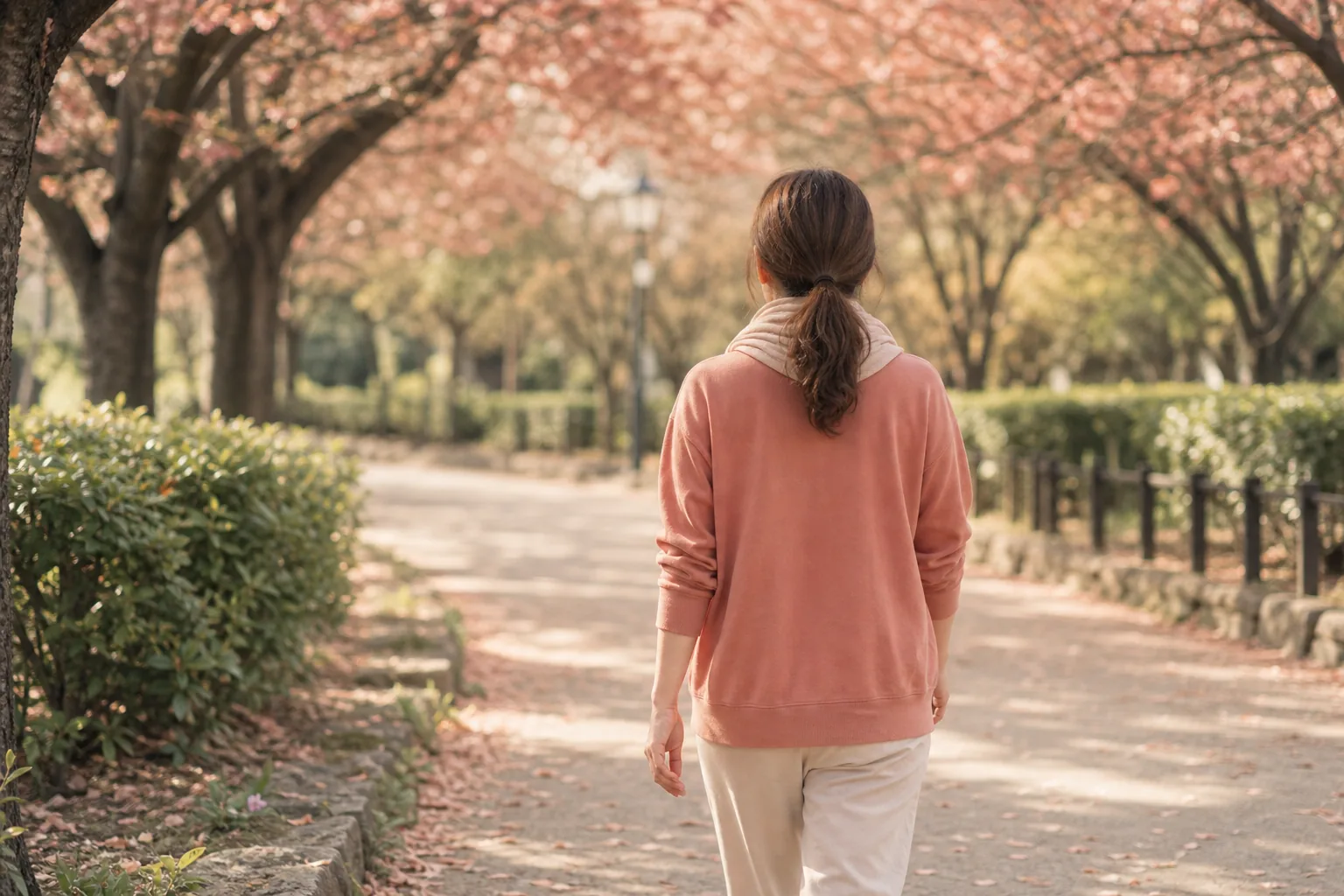 다낭성난소증후군 대사 관리를 위해 아침 산책을 나선 여성의 뒷모습을 담은 차분한 이미지