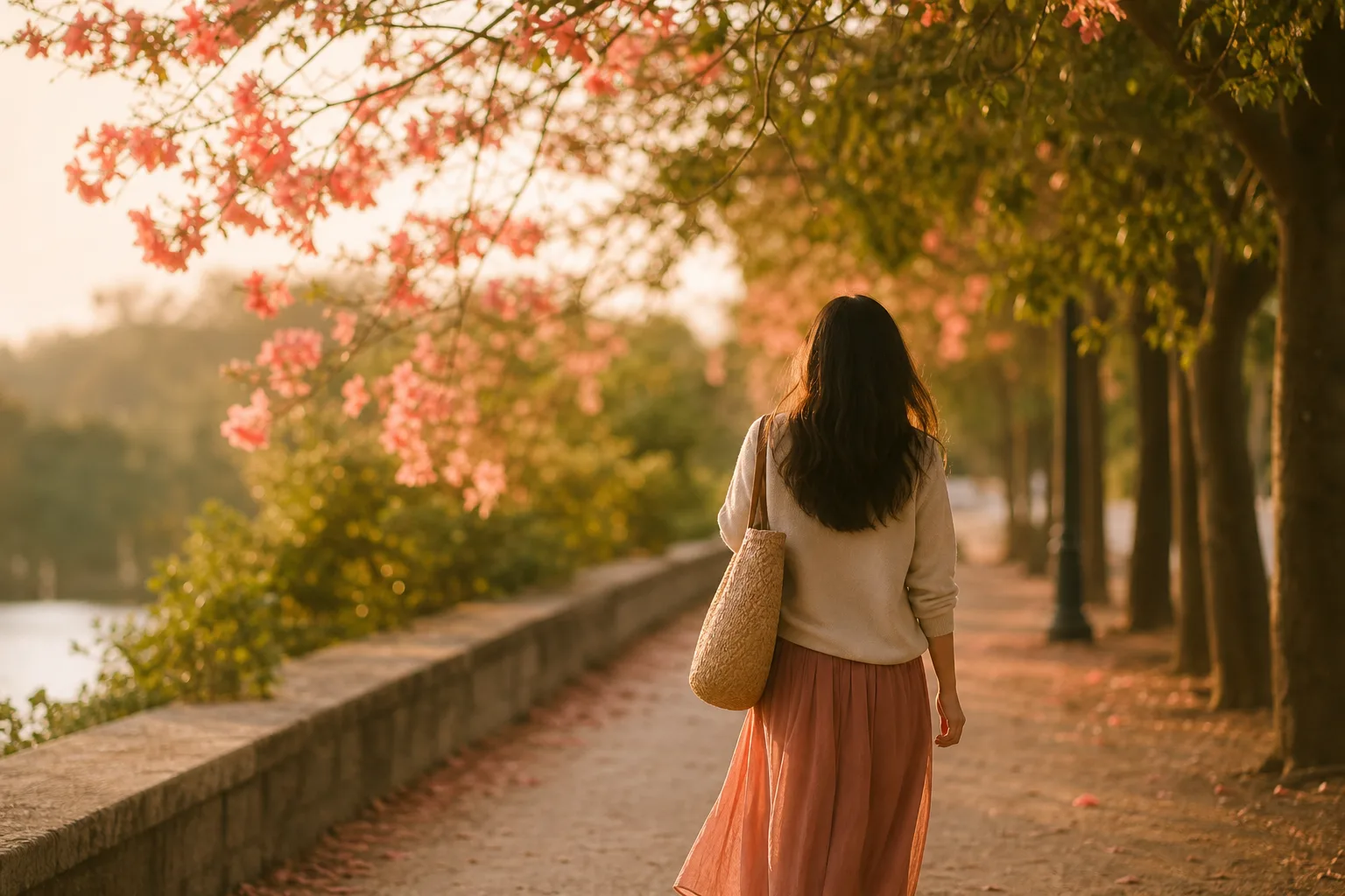 다낭성난소 정서 관리를 다룬 칼럼의, 오후 햇살 속 걷는 여성의 뒷모습 이미지