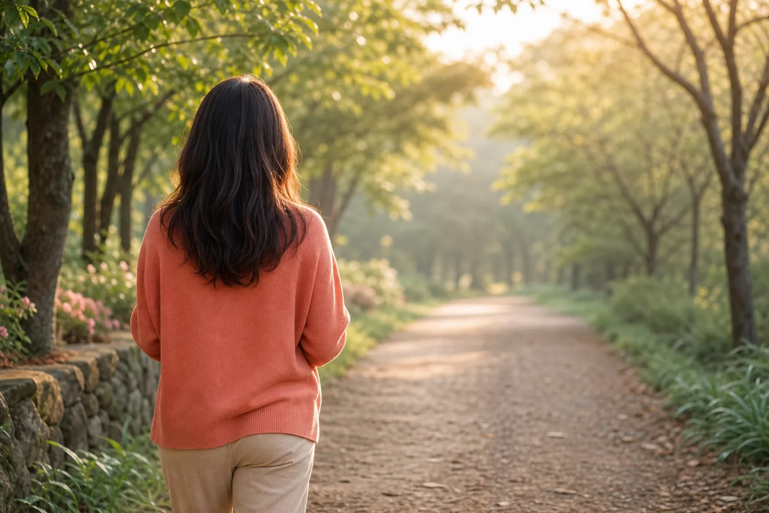 규칙적인 걷기 운동을 은유하는, 아침 산책로를 걷는 여성의 뒷모습을 담은 차분한 이미지