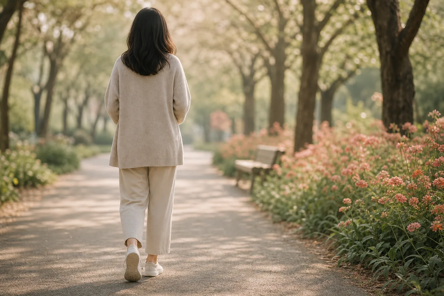 발 저림 관리를 위한 가벼운 산책을 상징하는, 아침 공원 길을 걷는 여성의 뒷모습을 담은 차분한 이미지