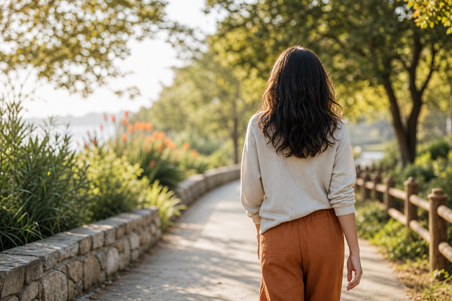 다낭성난소증후군의 장기 건강 관리를 다룬 칼럼의, 햇살 드는 길을 차분히 걷는 30대 여성의 뒷모습 이미지