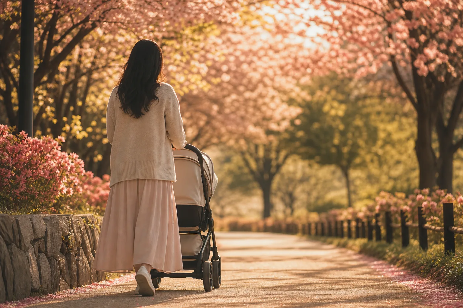 산후 불안 회복 과정을 다룬 칼럼의, 유아차와 함께 오후 산책하는 산모의 뒷모습 이미지