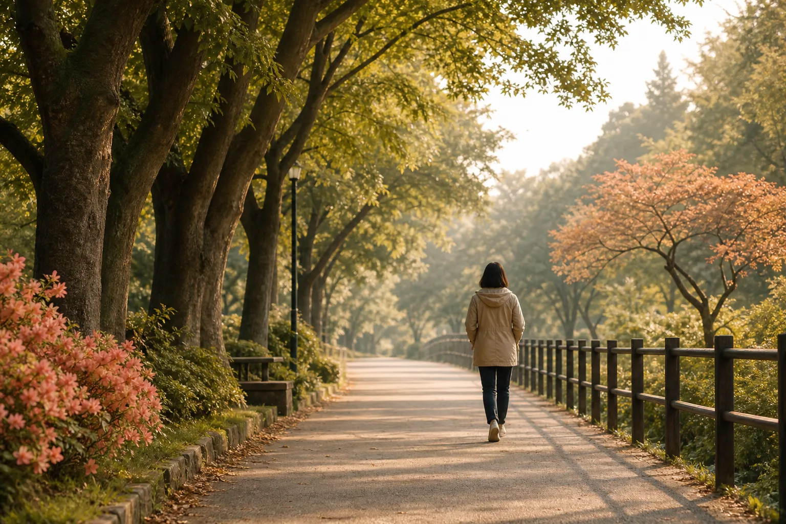 지속성 어지럼 관리를 위한 균형 재활과 가벼운 걷기를 상징하는 아침 산책로 풍경 이미지