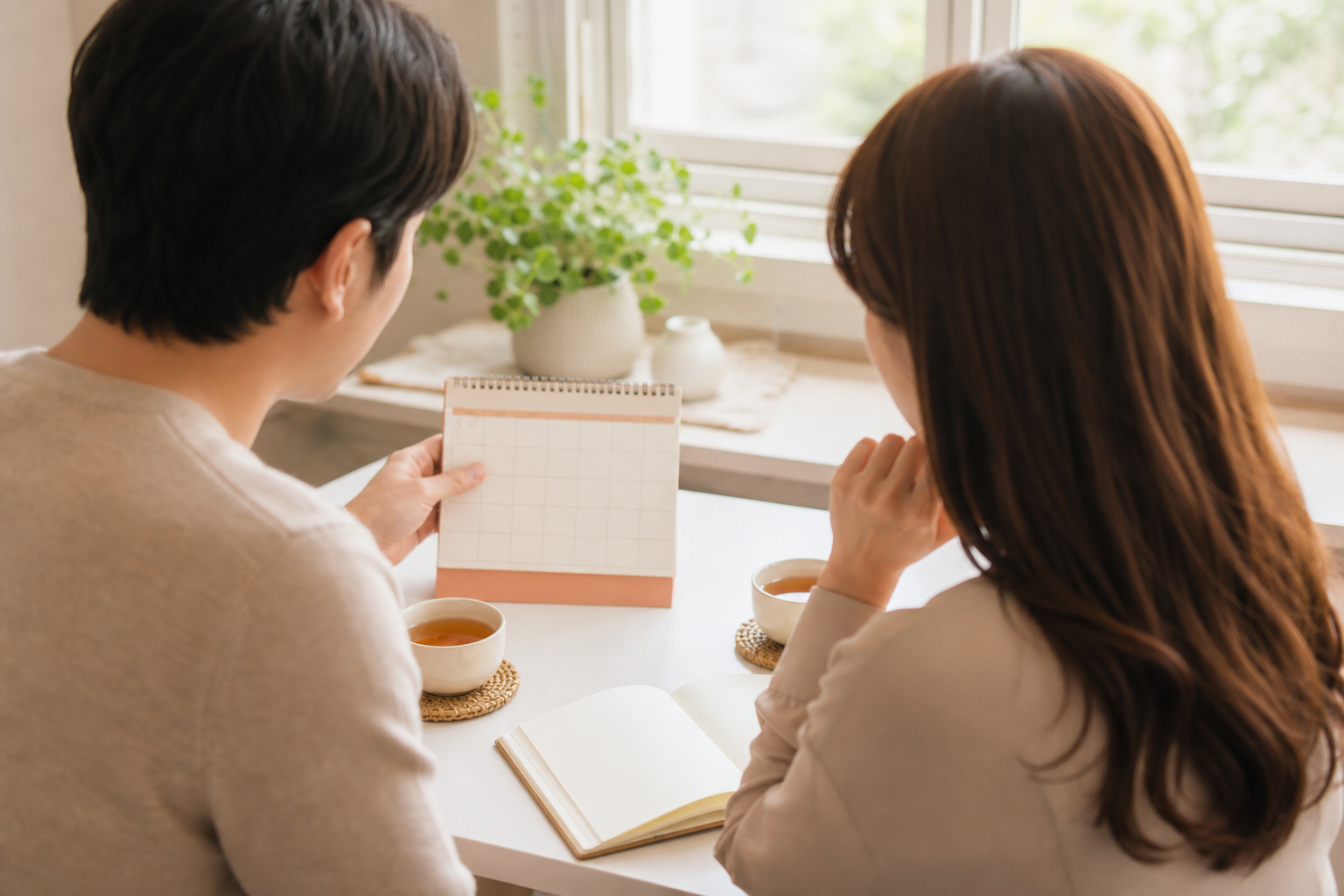 임신 준비 부부 검진을 다룬 칼럼의, 창가에서 달력과 노트를 함께 보는 부부의 뒷모습 이미지