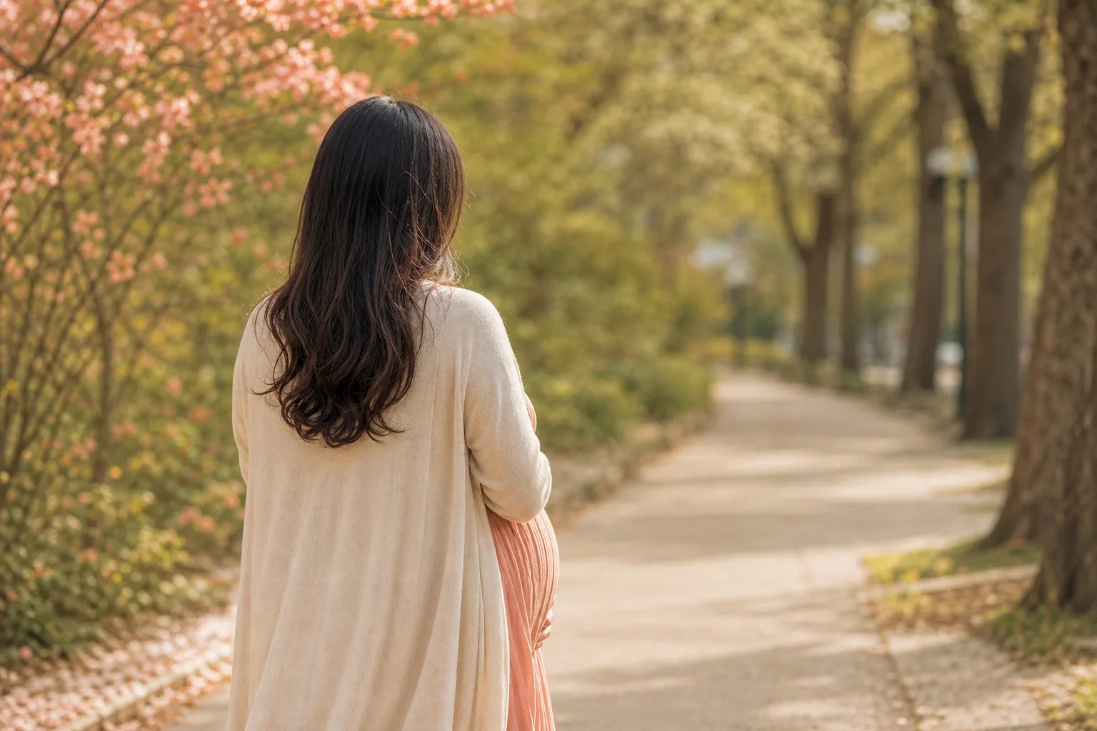 임신 중 가벼운 걷기 운동으로 골반 안정을 돌보는 임신부의 뒷모습을 담은 따뜻한 야외 이미지