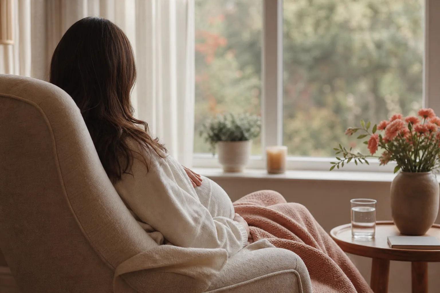 조산 예방을 위해 안정을 취하며 창밖을 바라보는 임신부의 뒷모습을 담은 차분한 실내 이미지