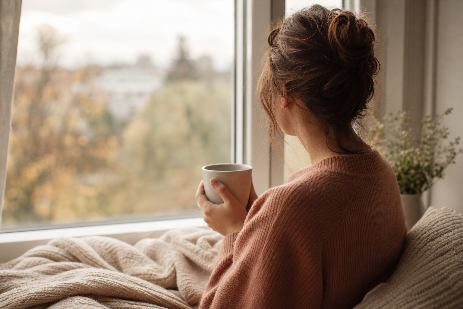 반복 생화학적 임신을 다룬 글의, 창가에서 따뜻한 잔을 든 여성의 차분한 뒷모습 이미지