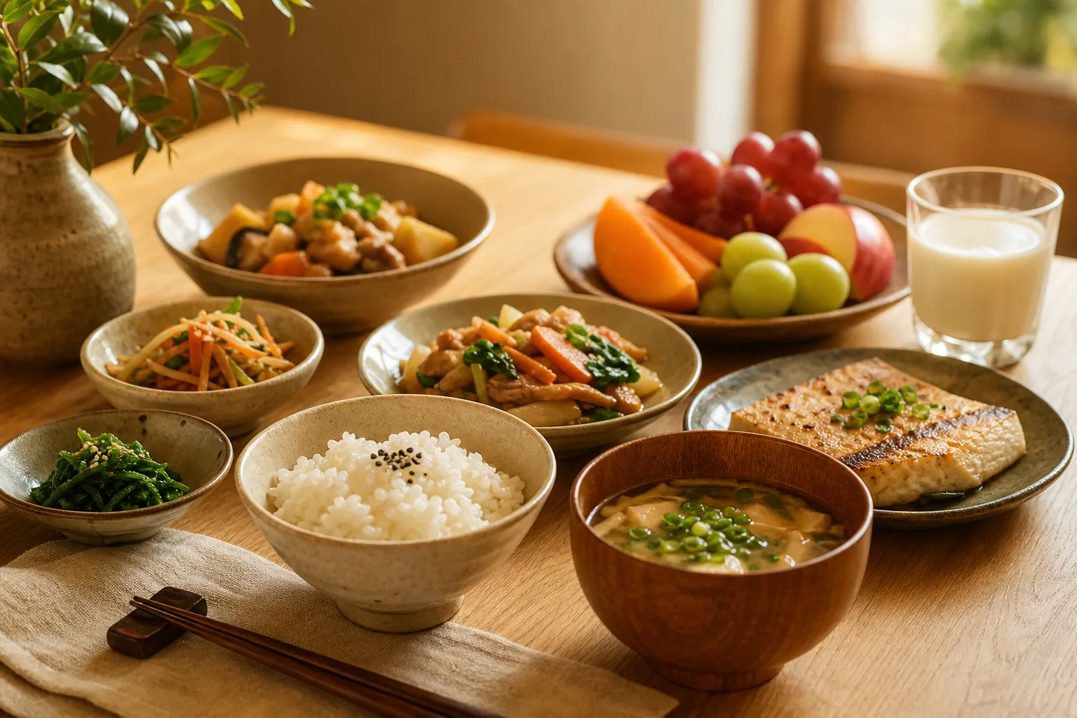운동하는 사람의 충분한 식사를 상징하는, 밥과 반찬·과일이 넉넉히 담긴 식탁 정물 이미지