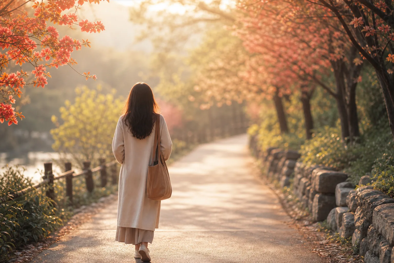 갑상선·정서 회복 생활관리를 상징하는, 아침 산책길을 걷는 여성의 뒷모습 이미지