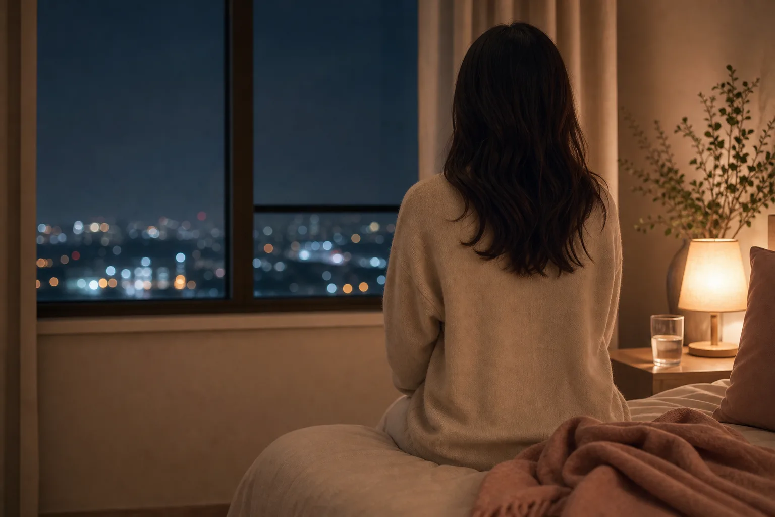 이명으로 잠들기 어려운 밤, 조용한 침실 창가에 앉은 여성의 뒷모습을 담은 차분한 이미지