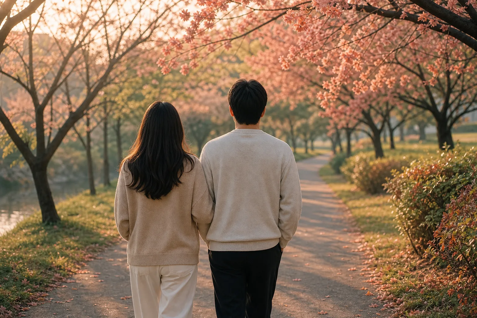 원인불명 난임 시기의 컨디션 관리를 담은, 아침 공원을 함께 걷는 부부의 뒷모습 이미지