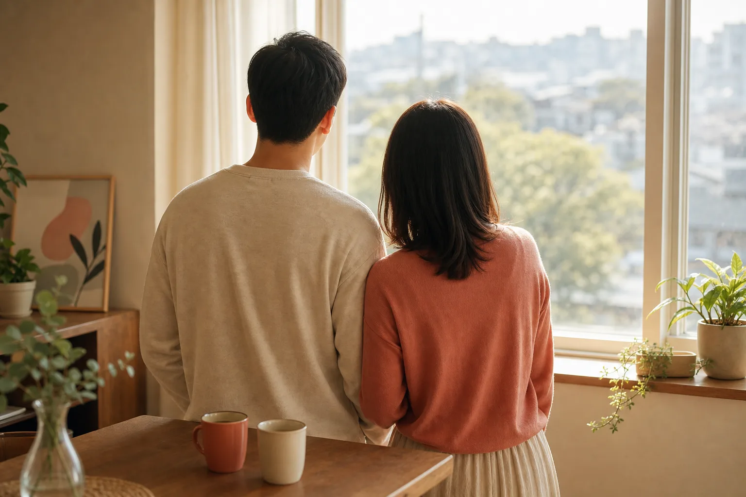 난임 준비를 함께하는 부부가 창가에서 나란히 서 있는 뒷모습을 담은 따뜻한 이미지