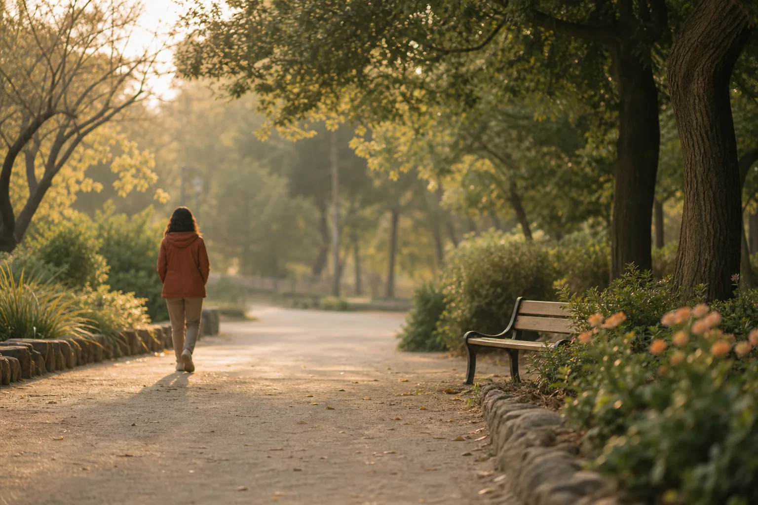 무리하지 않는 규칙적인 걷기 운동을 상징하는 이른 아침 공원 산책길 이미지