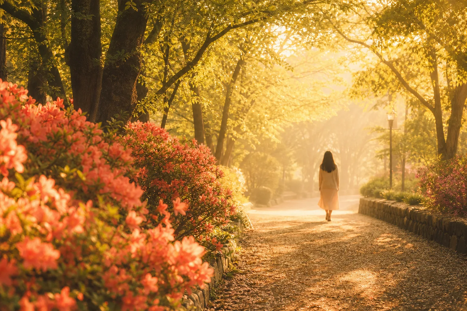 다음 주기를 준비하는 회복의 시간을 상징하는, 아침 공원 산책로의 따뜻한 풍경 이미지