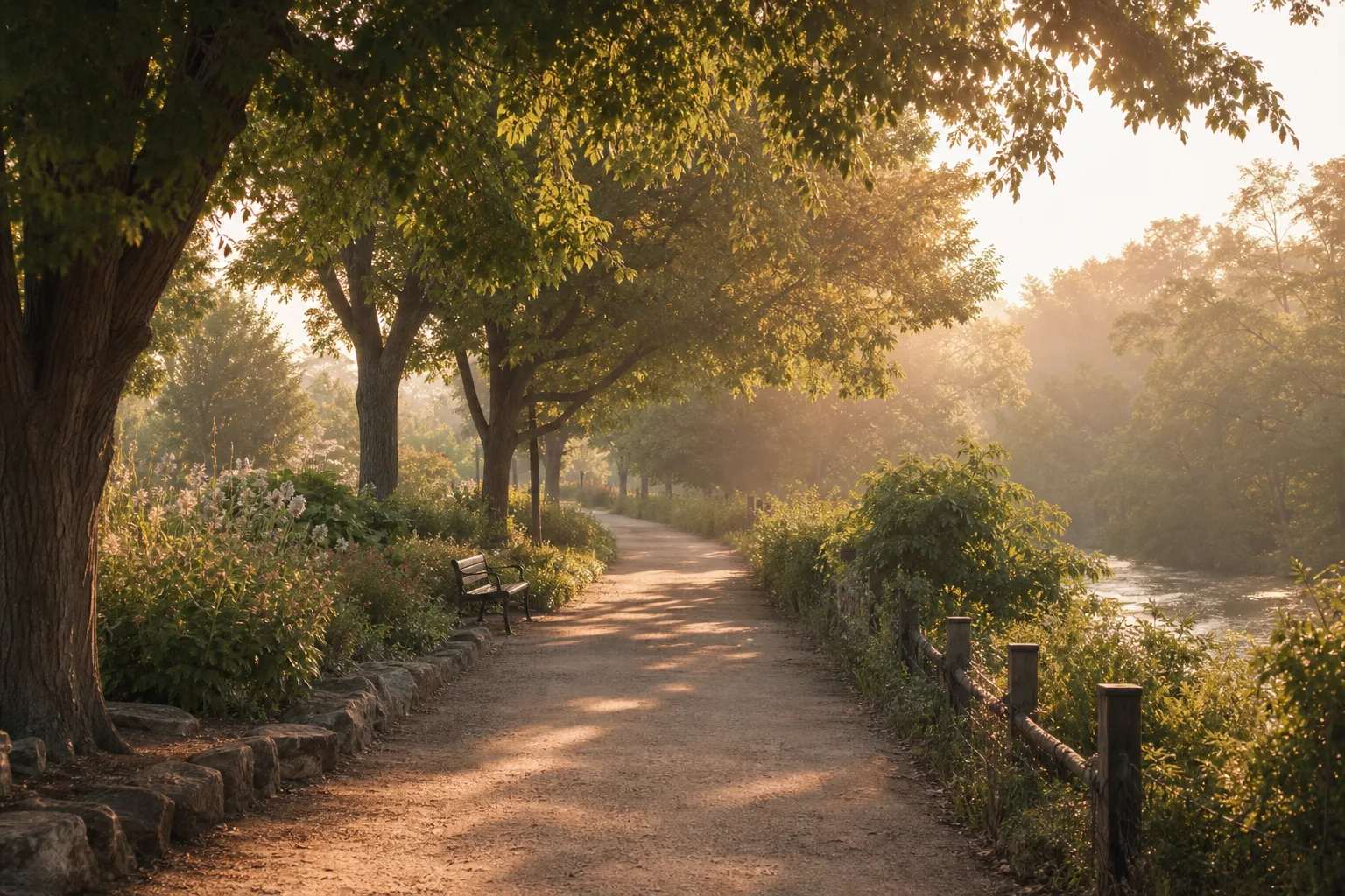 변화 뒤 천천히 다시 걸어가는 회복을 은유하는, 아침 빛이 드는 가로수길의 조용한 산책로 풍경 이미지
