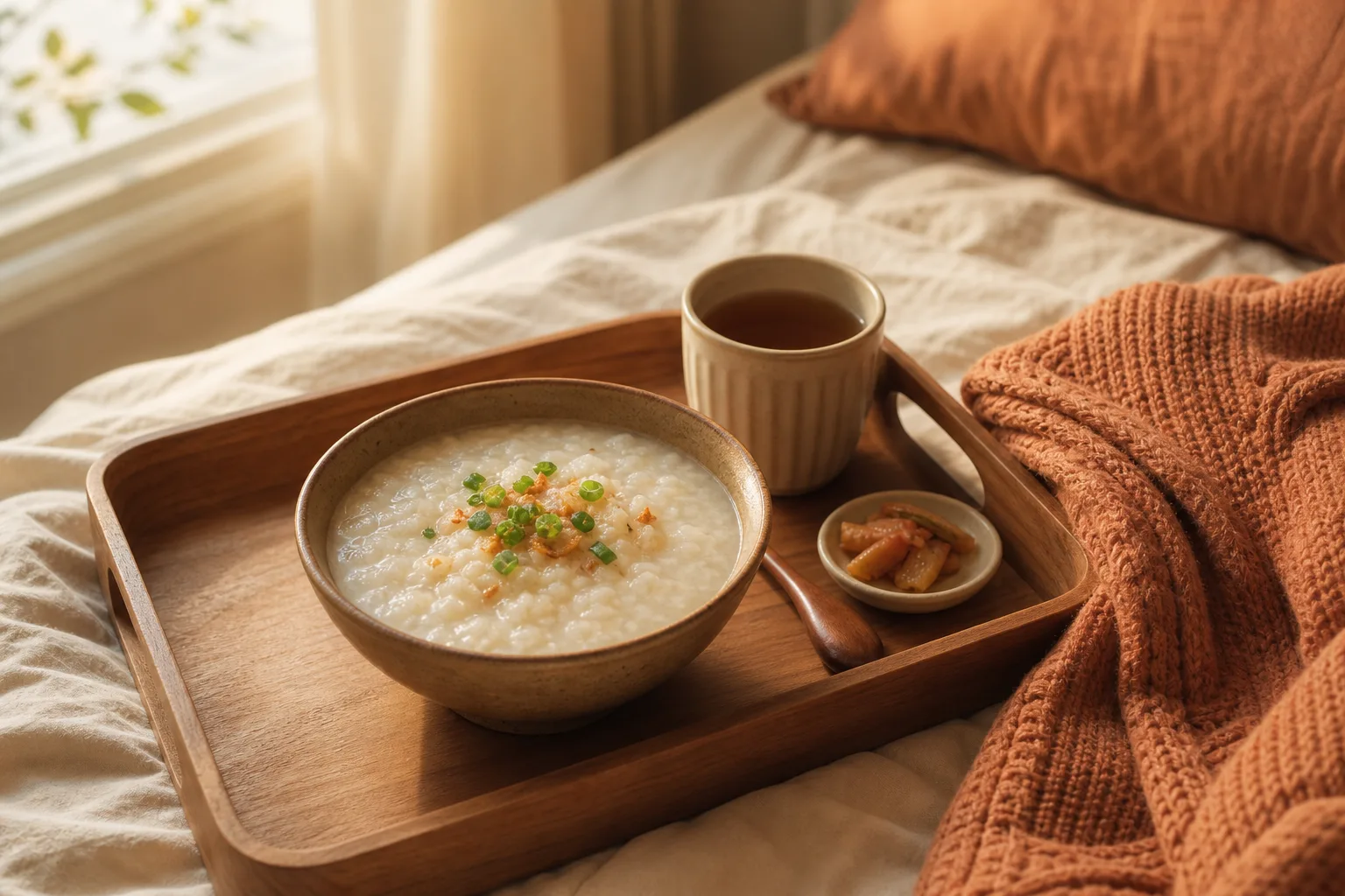 산후 회복기의 휴식과 따뜻한 식사를 상징하는, 담요와 죽 한 그릇과 따뜻한 차를 담은 차분한 정물 이미지